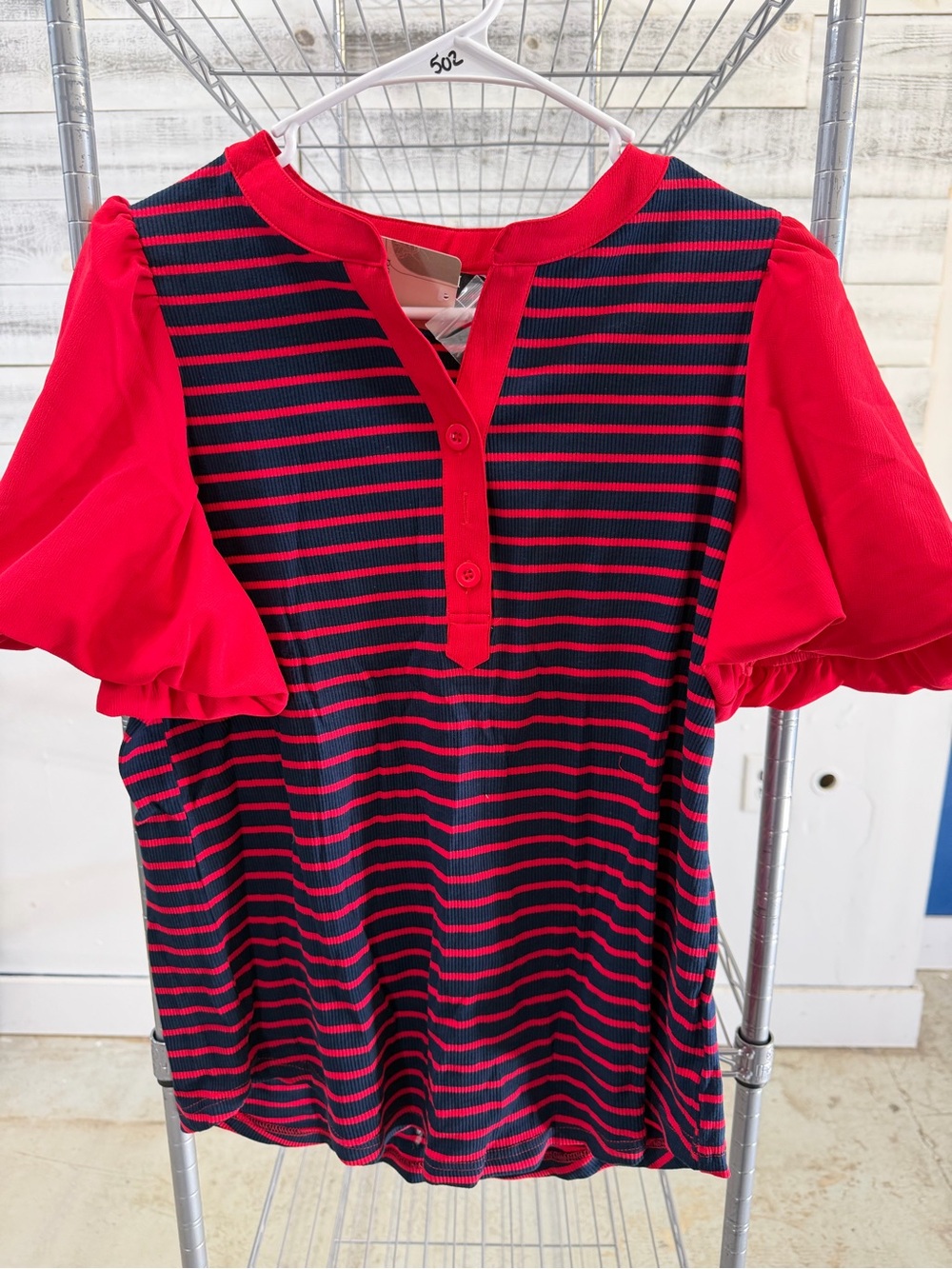 NWT.  Women's Striped Puff-Sleeve Henley Tee in Red and Navy